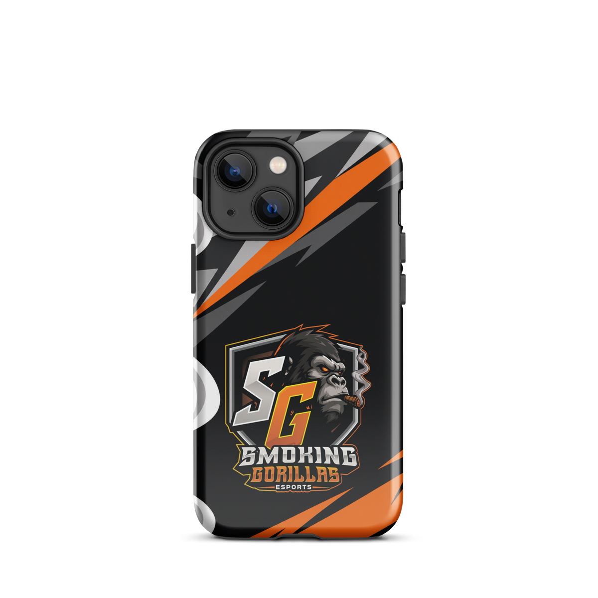 SMOKING GORILLAS Hardcase Handyhülle für iPhone 13 mini – Produktansicht, schwarz-oranges Teamdesign