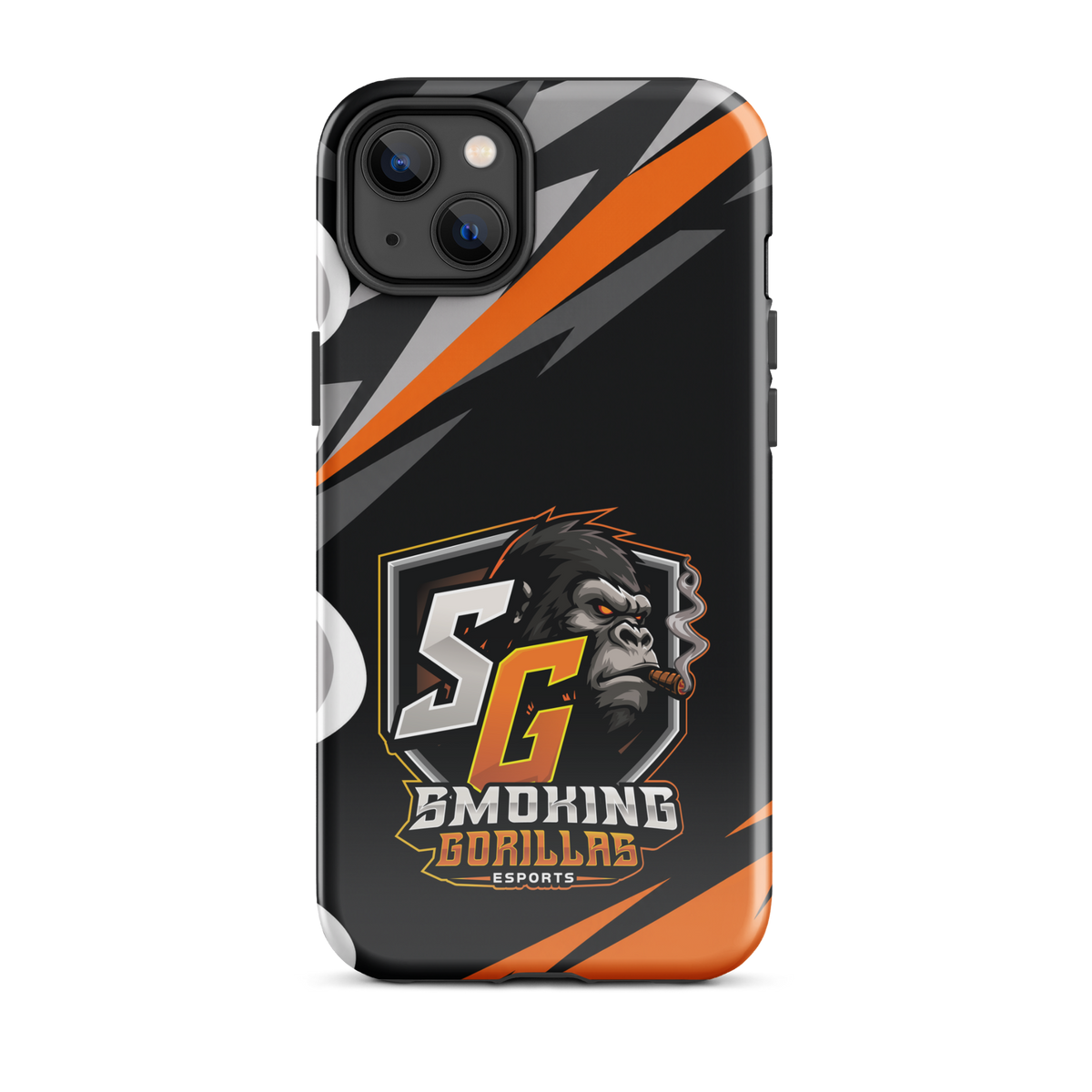 SMOKING GORILLAS Hardcase Handyhülle für iPhone 14 Plus – Produktansicht, schwarz-oranges Teamdesign