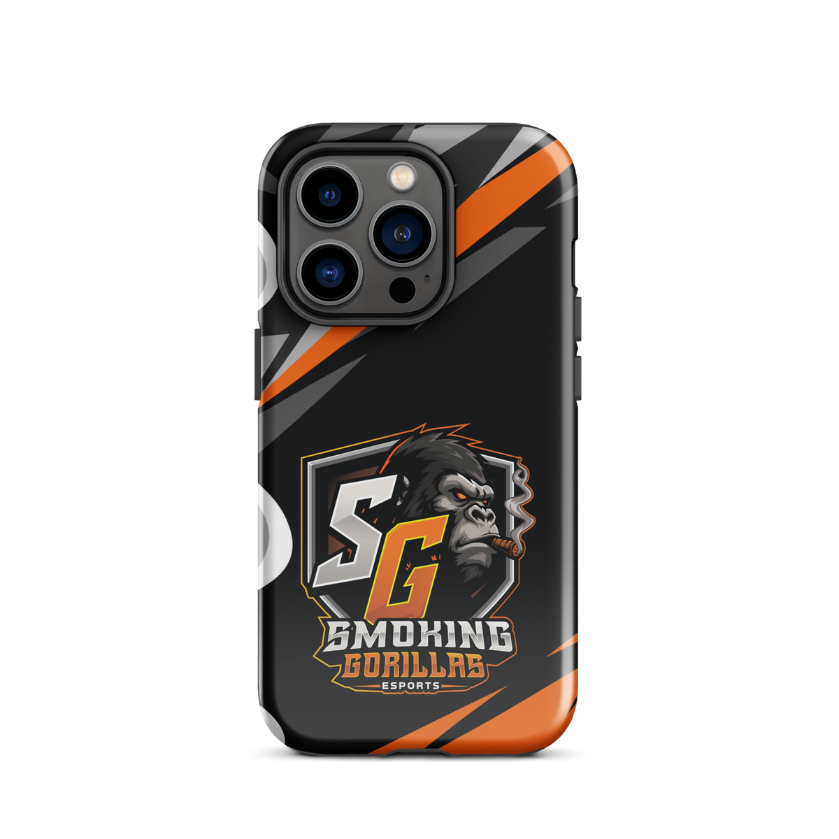 SMOKING GORILLAS Hardcase Handyhülle für iPhone 14 Pro – Produktansicht, schwarz-oranges Teamdesign
