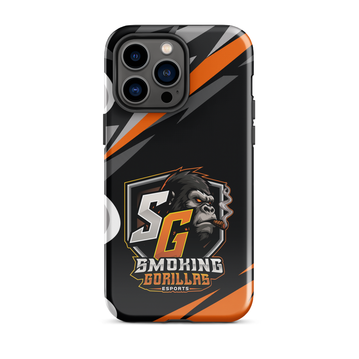 SMOKING GORILLAS Hardcase Handyhülle für iPhone 14 Pro Max – Produktansicht, schwarz-oranges Teamdesign