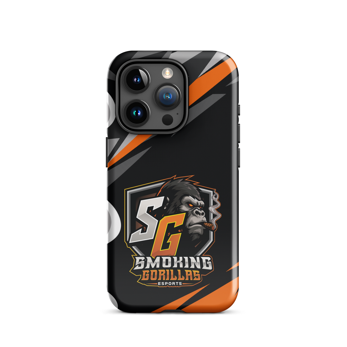 SMOKING GORILLAS Hardcase Handyhülle für iPhone 15 Pro – Produktansicht, schwarz-oranges Teamdesign