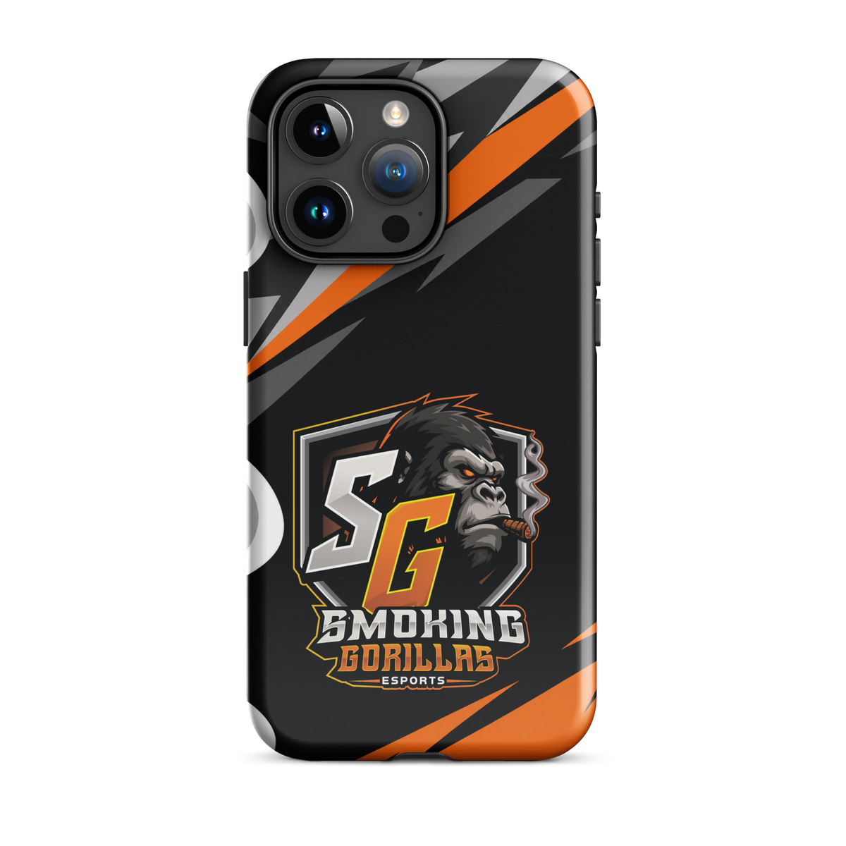 SMOKING GORILLAS Hardcase Handyhülle für iPhone 15 Pro Max – Produktansicht, schwarz-oranges Teamdesign