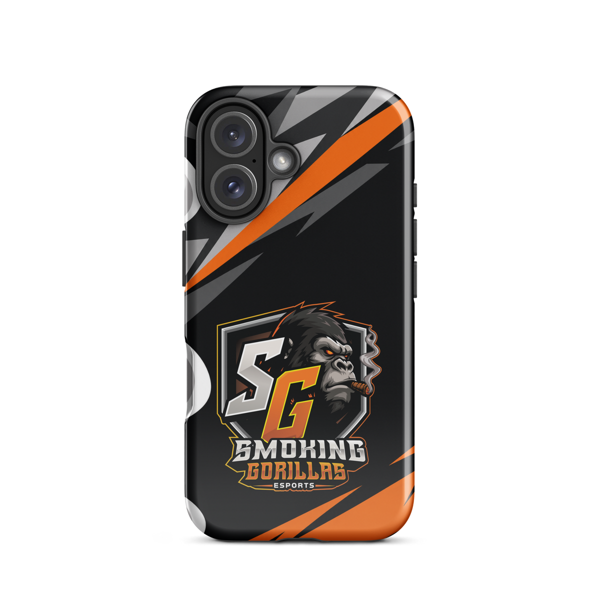 SMOKING GORILLAS Hardcase Handyhülle für iPhone 16 – Produktansicht, schwarz-oranges Teamdesign
