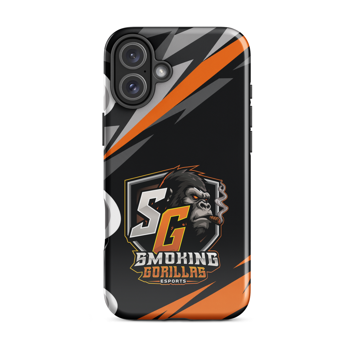 SMOKING GORILLAS Hardcase Handyhülle für iPhone 16 Plus – Produktansicht, schwarz-oranges Teamdesign