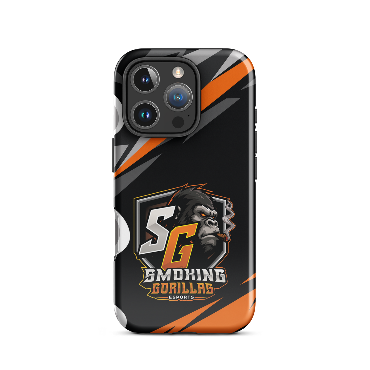 SMOKING GORILLAS Hardcase Handyhülle für iPhone 16 Pro – Produktansicht, schwarz-oranges Teamdesign