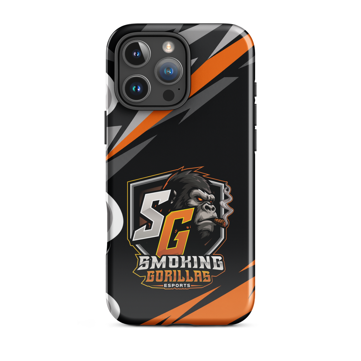 SMOKING GORILLAS Hardcase Handyhülle für iPhone 16 Pro Max – Produktansicht, schwarz-oranges Teamdesign