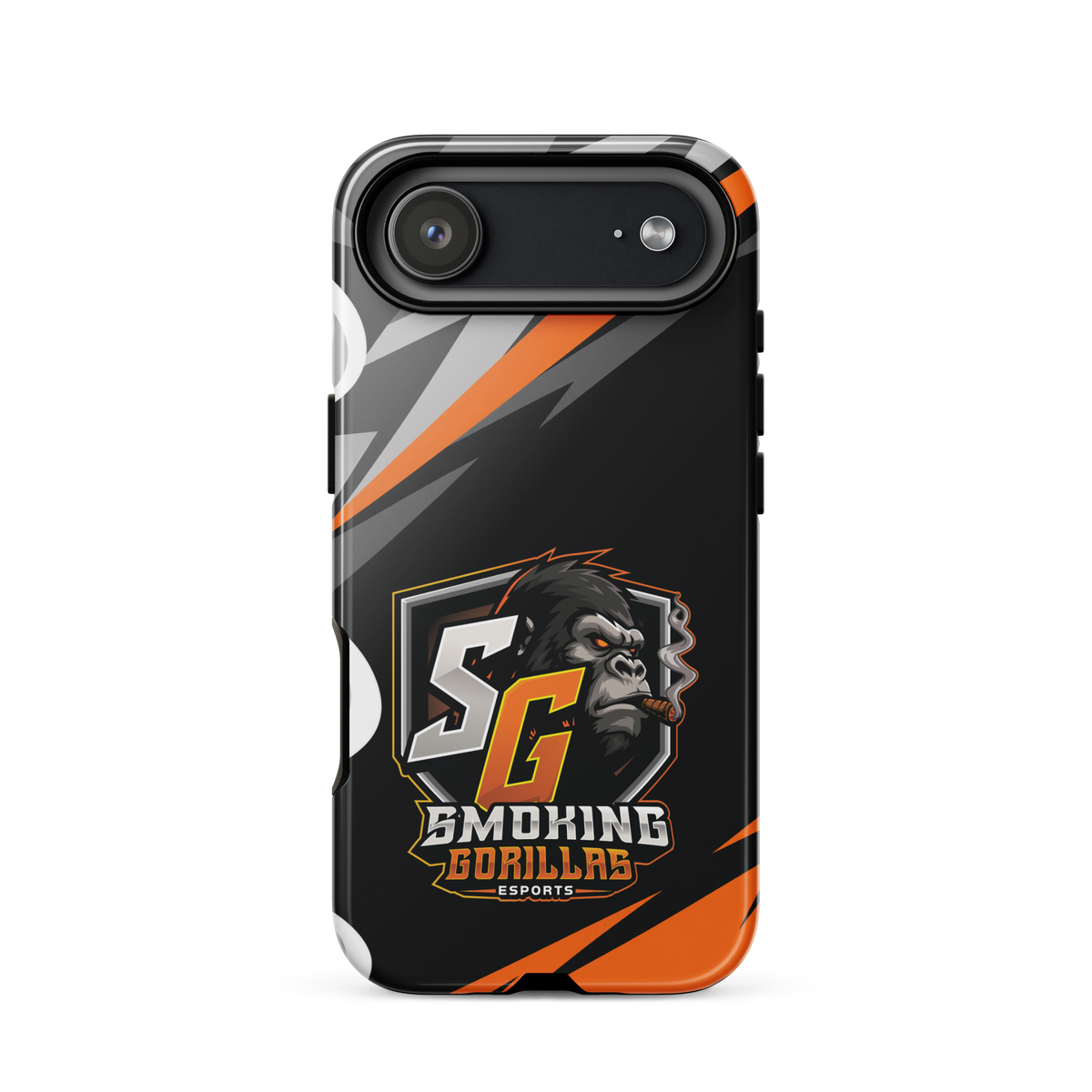 SMOKING GORILLAS Hardcase Handyhülle für iPhone 17 Air – Produktansicht, schwarz-oranges Teamdesign