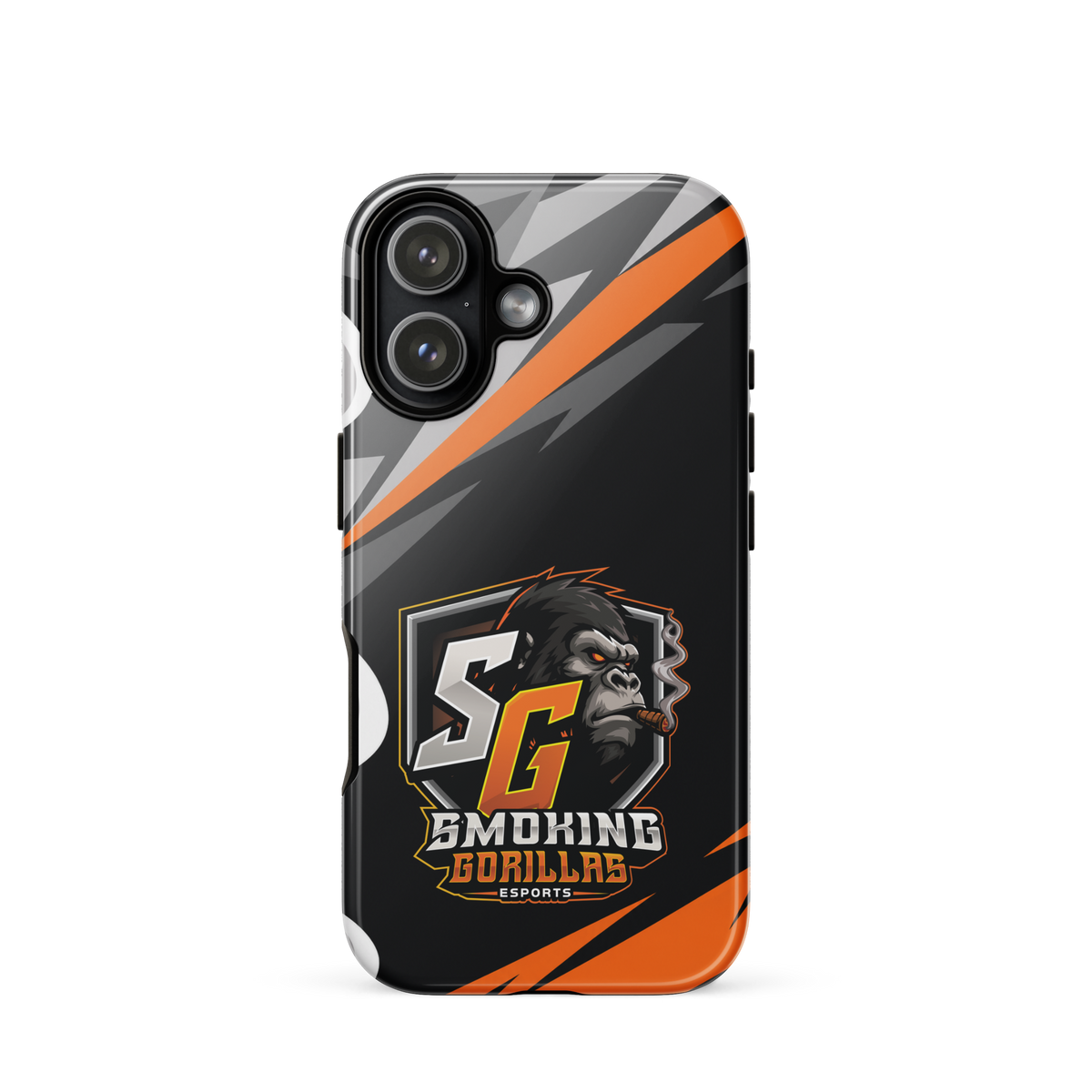 SMOKING GORILLAS Hardcase Handyhülle für iPhone 17 – Produktansicht, schwarz-oranges Teamdesign