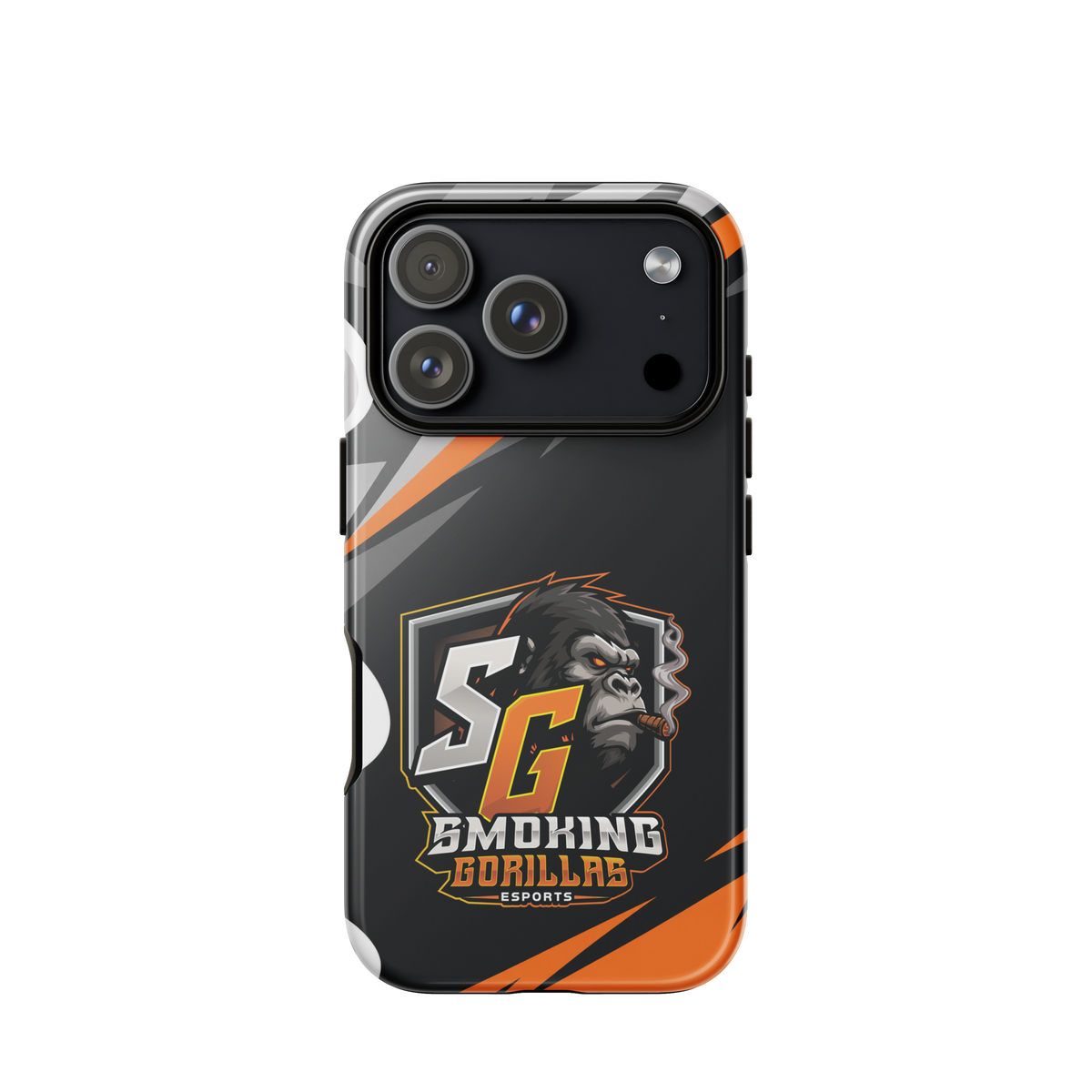SMOKING GORILLAS Hardcase Handyhülle für iPhone 18 Pro – Produktansicht, schwarz-oranges Teamdesign