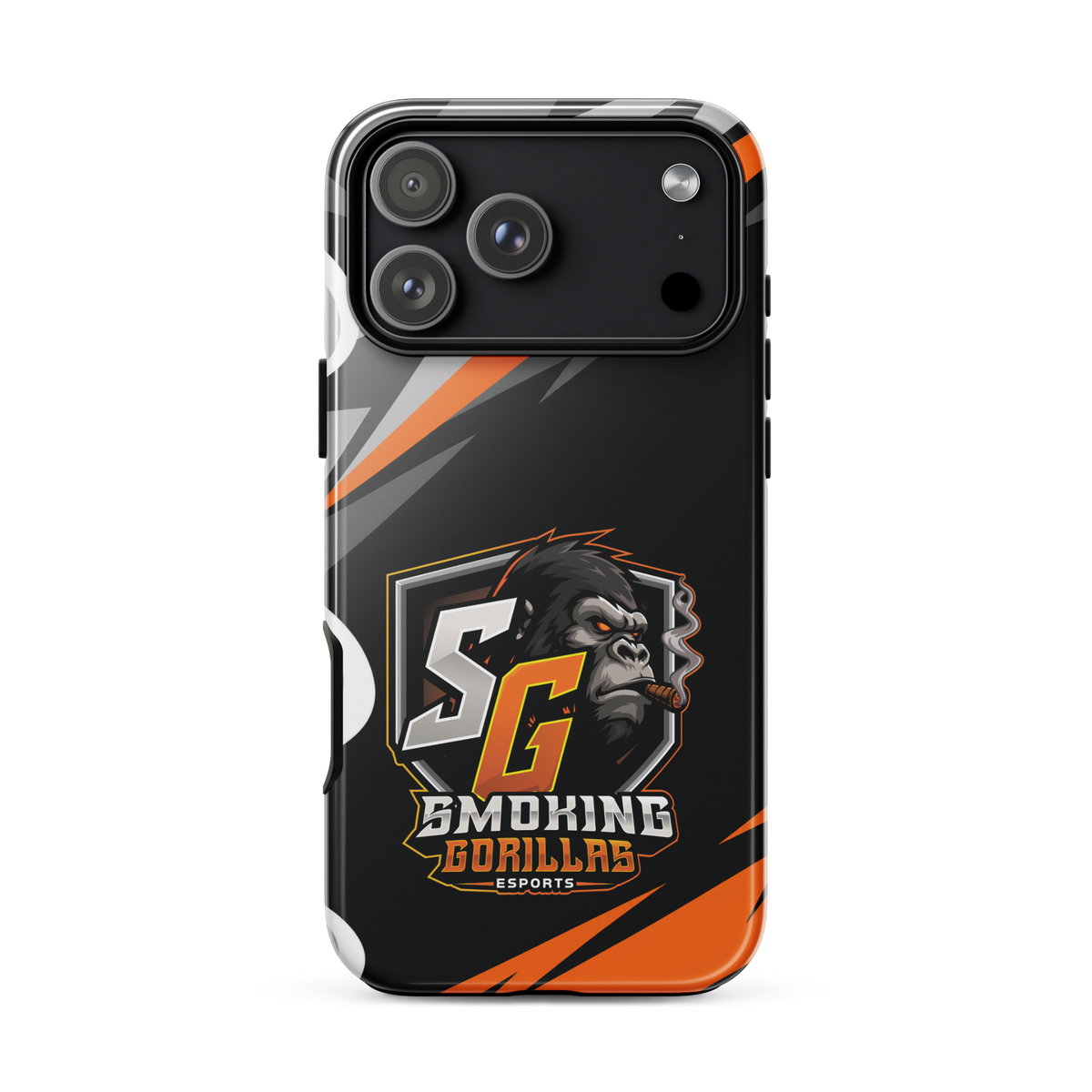 SMOKING GORILLAS Hardcase Handyhülle für iPhone 18 Pro Max – Produktansicht, schwarz-oranges Teamdesign