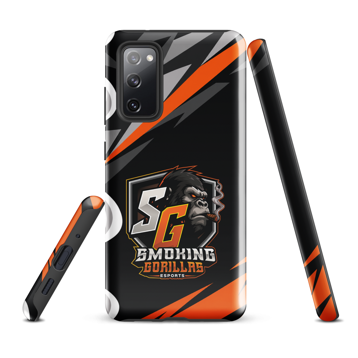 SMOKING GORILLAS Hardcase Handyhülle für Samsung Galaxy S20 FE – Produktansicht, schwarz-oranges Teamdesign