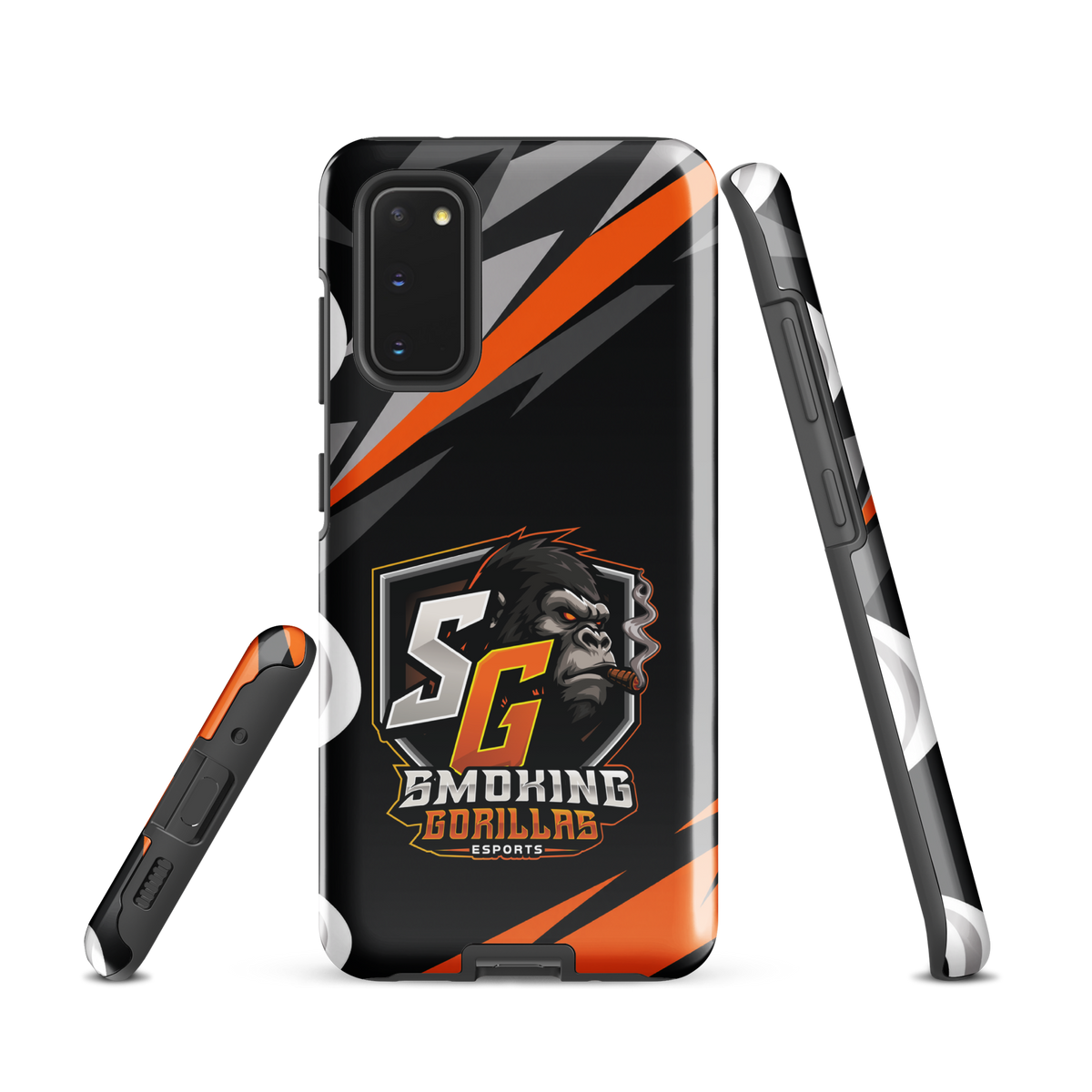 SMOKING GORILLAS Hardcase Handyhülle für Samsung Galaxy S20 – Produktansicht, schwarz-oranges Teamdesign