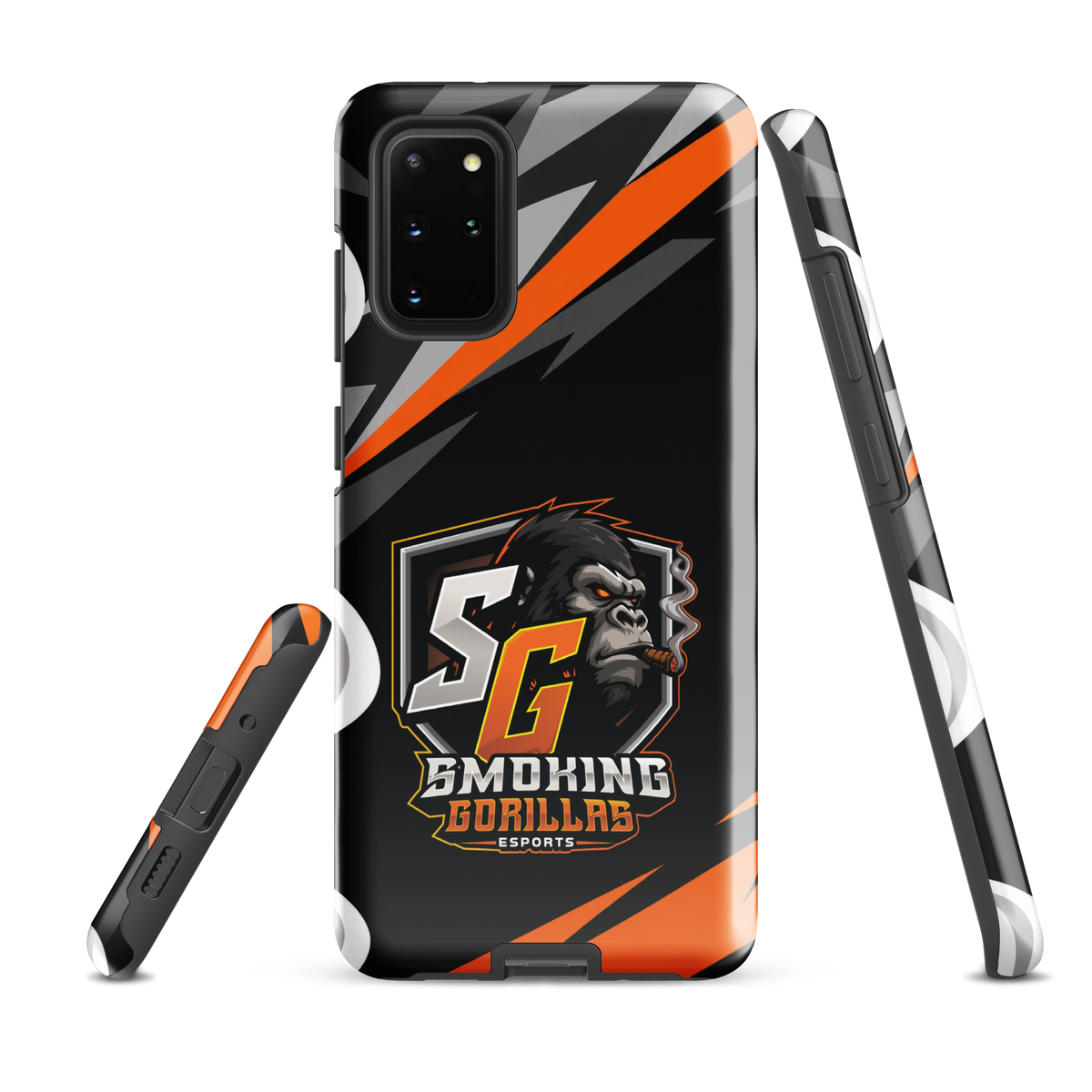 SMOKING GORILLAS Hardcase Handyhülle für Samsung Galaxy S20 Plus – Produktansicht, schwarz-oranges Teamdesign