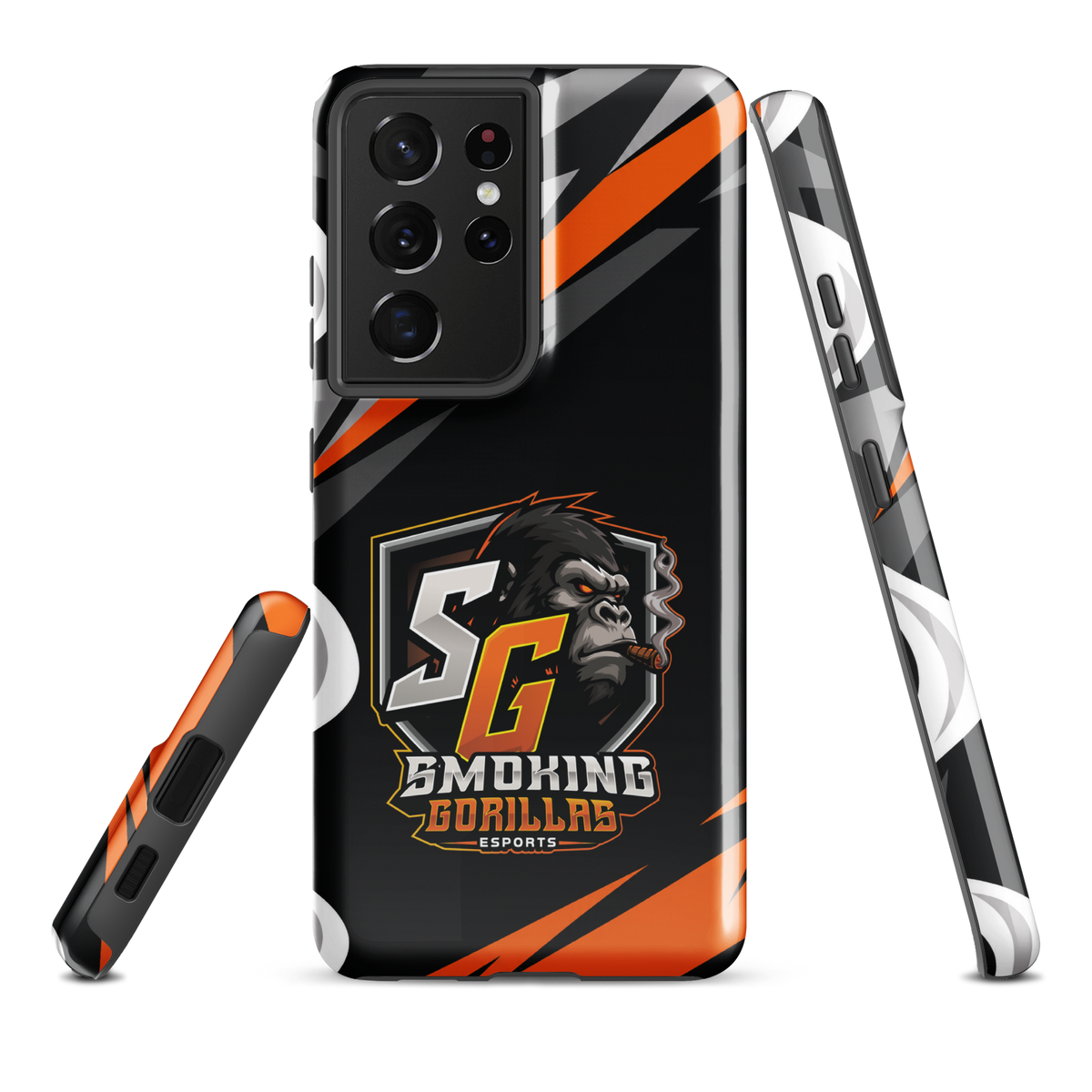 SMOKING GORILLAS Hardcase Handyhülle für Samsung Galaxy S21 Ultra – Produktansicht, schwarz-oranges Teamdesign