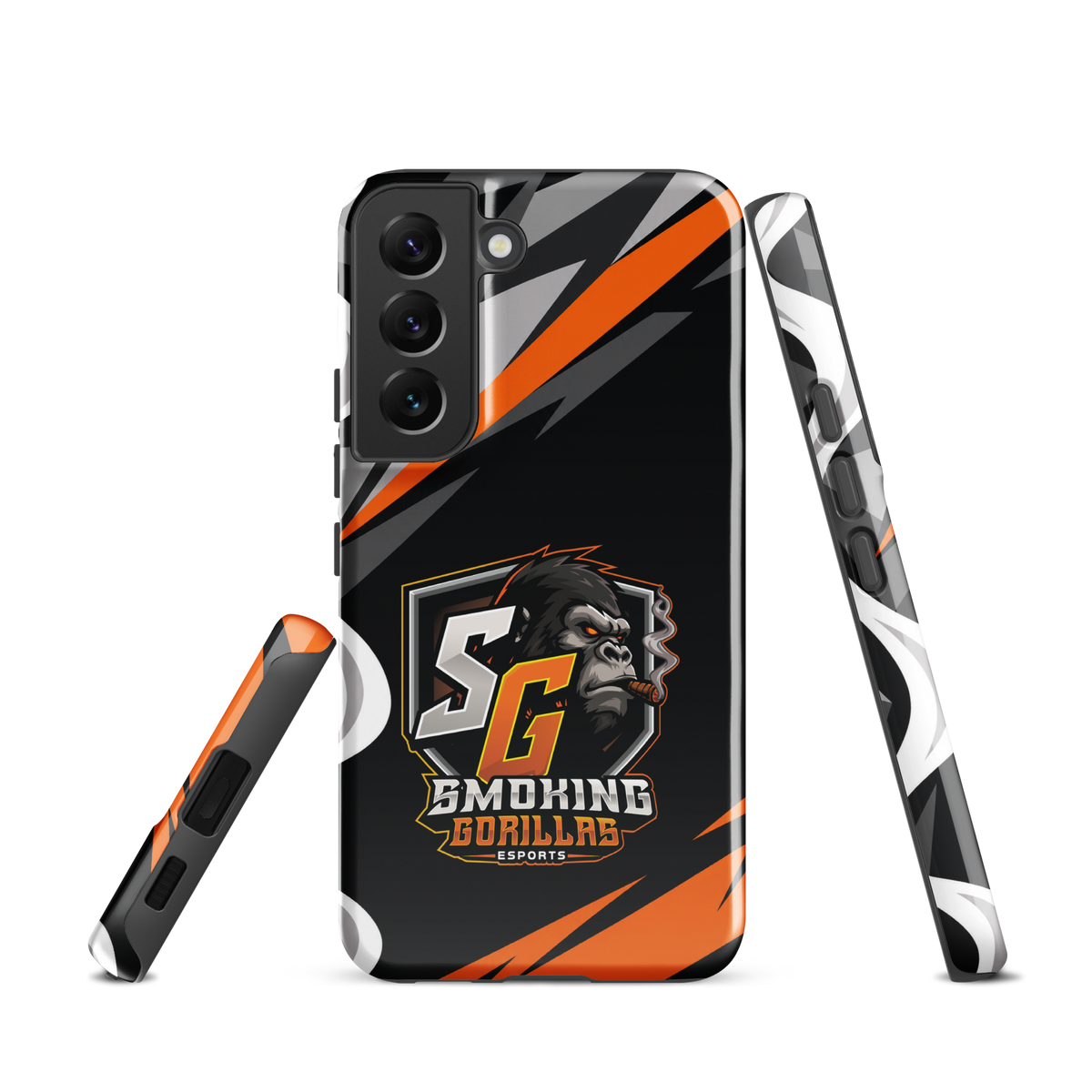 SMOKING GORILLAS Hardcase Handyhülle für Samsung Galaxy S22 – Produktansicht, schwarz-oranges Teamdesign