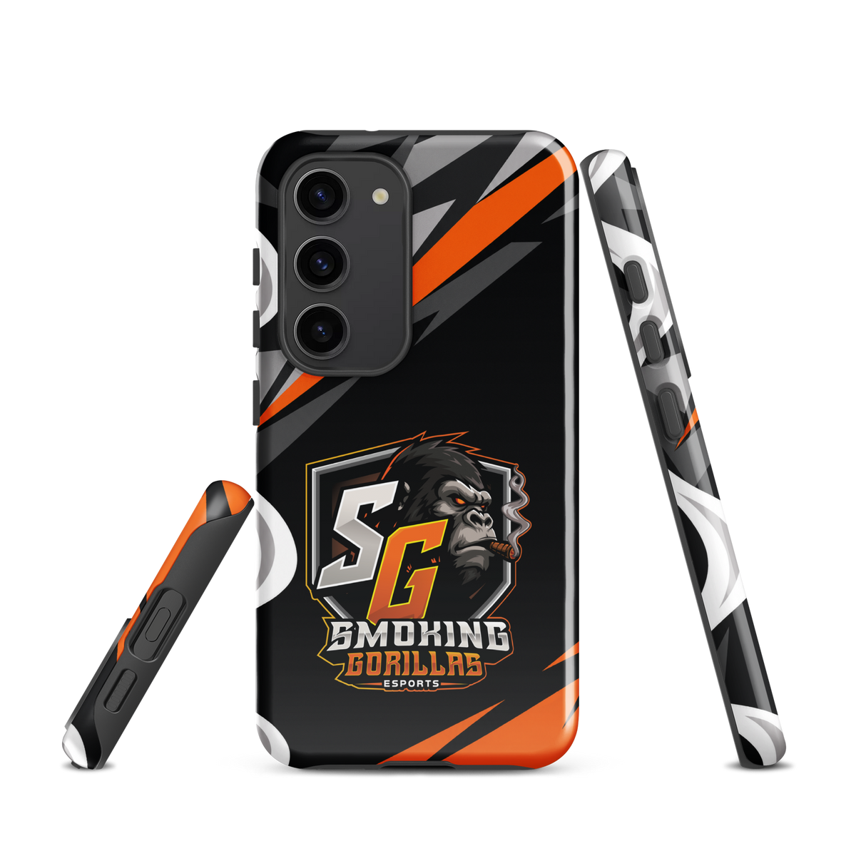 SMOKING GORILLAS Hardcase Handyhülle für Samsung Galaxy S23 – Produktansicht, schwarz-oranges Teamdesign