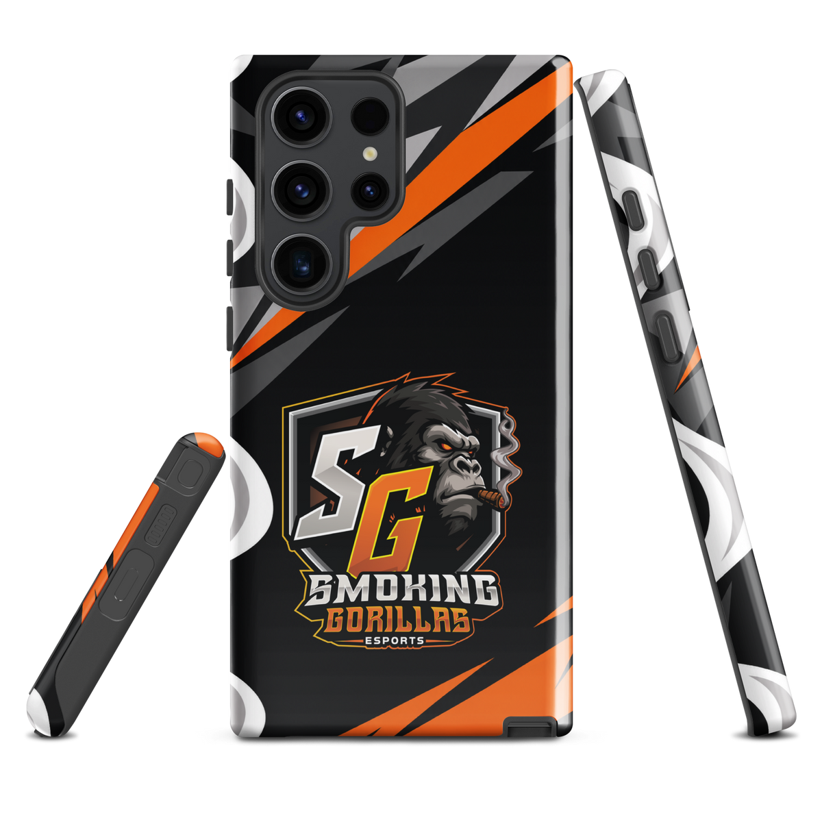 SMOKING GORILLAS Hardcase Handyhülle für Samsung Galaxy S23 Ultra – Produktansicht, schwarz-oranges Teamdesign