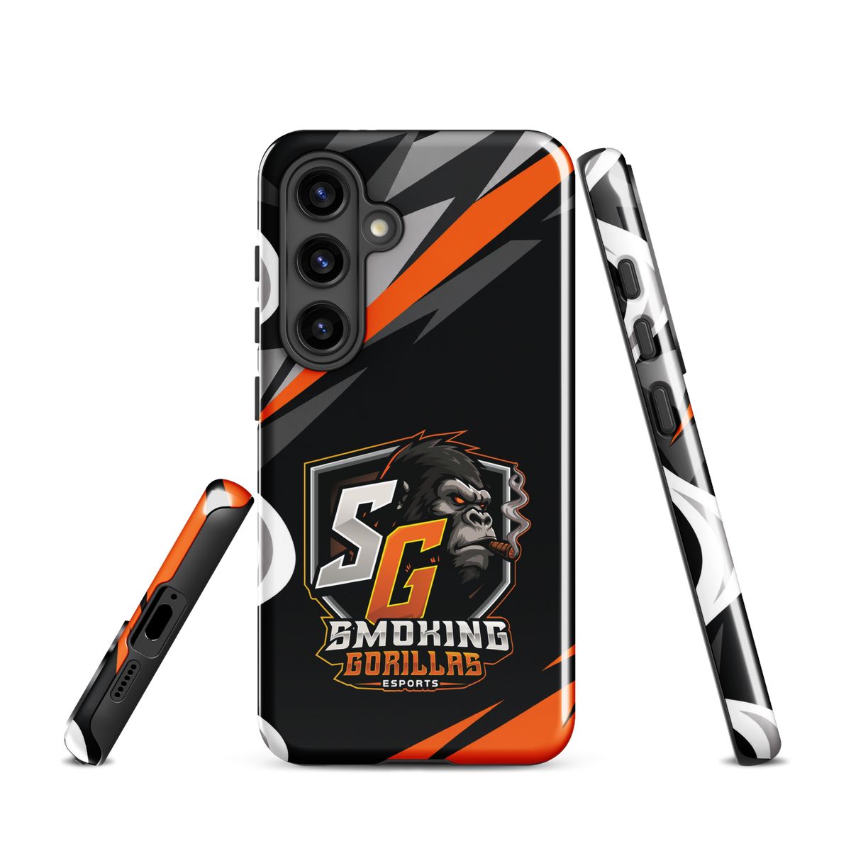 SMOKING GORILLAS Hardcase Handyhülle für Samsung Galaxy S24 – Produktansicht, schwarz-oranges Teamdesign
