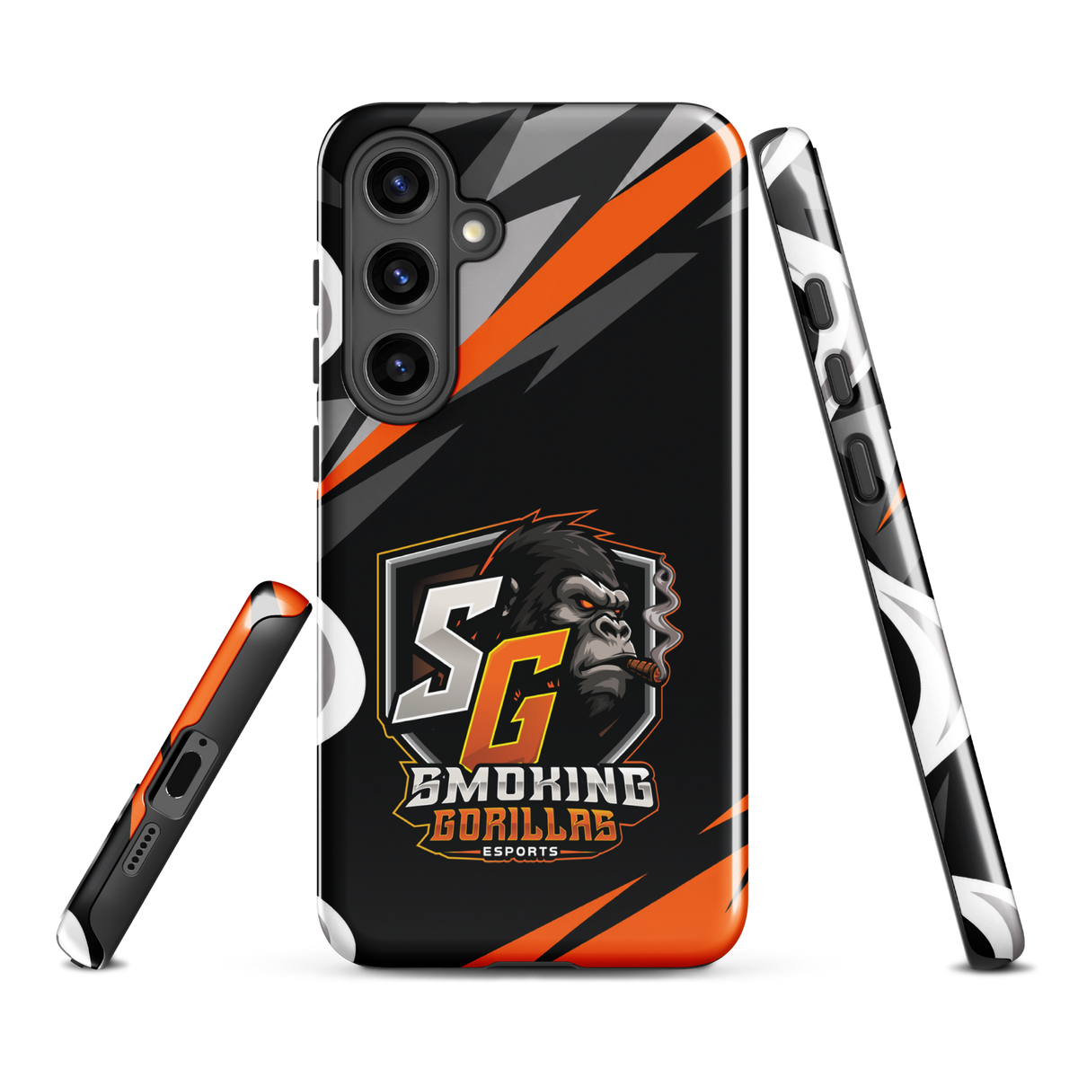 SMOKING GORILLAS Hardcase Handyhülle für Samsung Galaxy S24 Plus – Produktansicht, schwarz-oranges Teamdesign