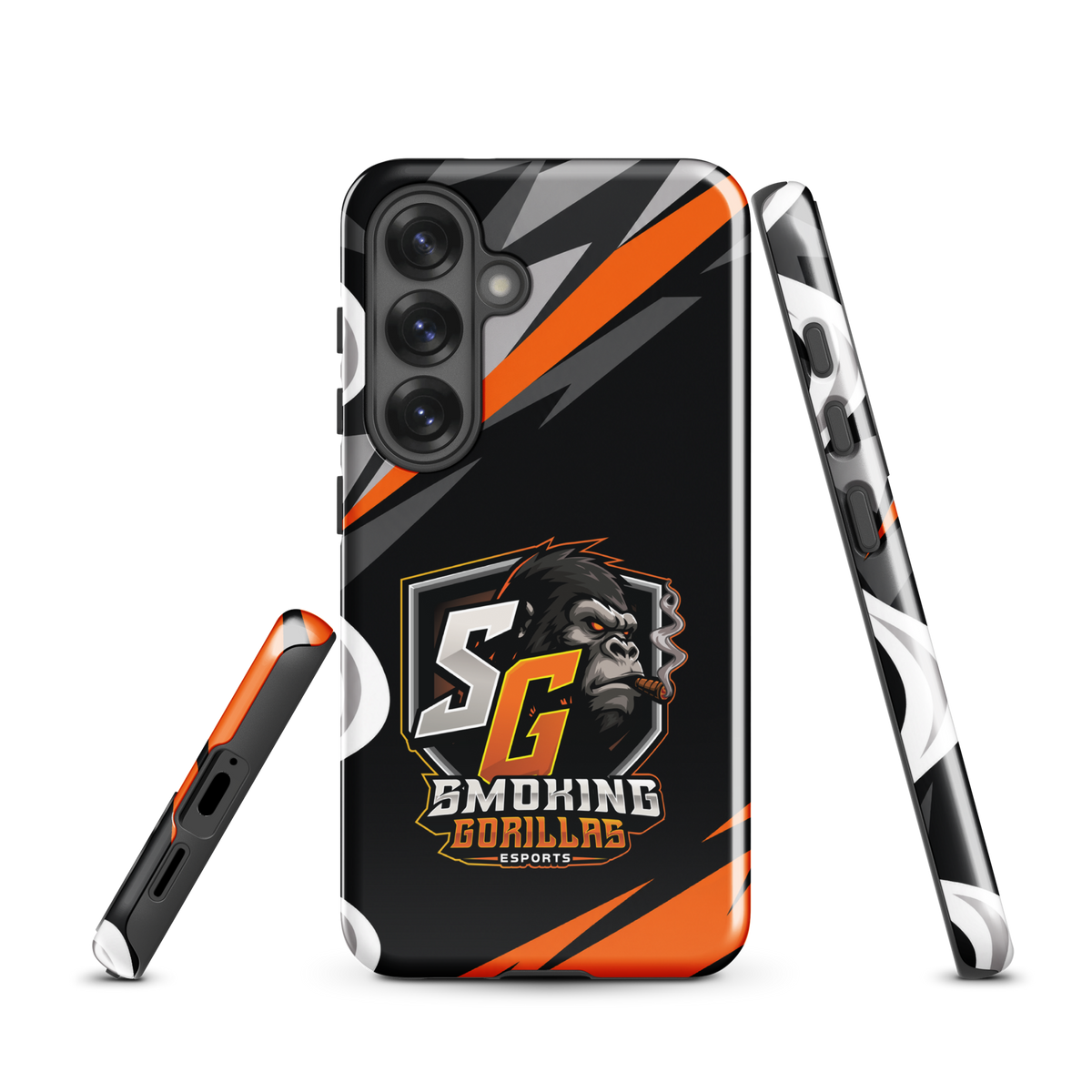SMOKING GORILLAS Hardcase Handyhülle für Samsung Galaxy S25 – Produktansicht, schwarz-oranges Teamdesign