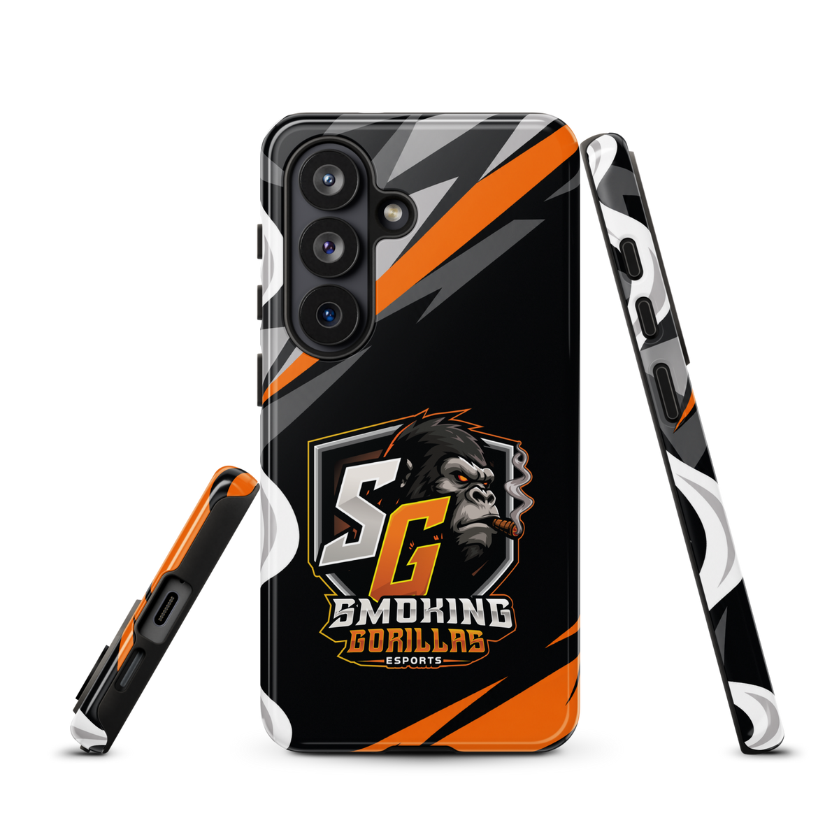 SMOKING GORILLAS Hardcase Handyhülle für Samsung Galaxy S26 – Produktansicht, schwarz-oranges Teamdesign