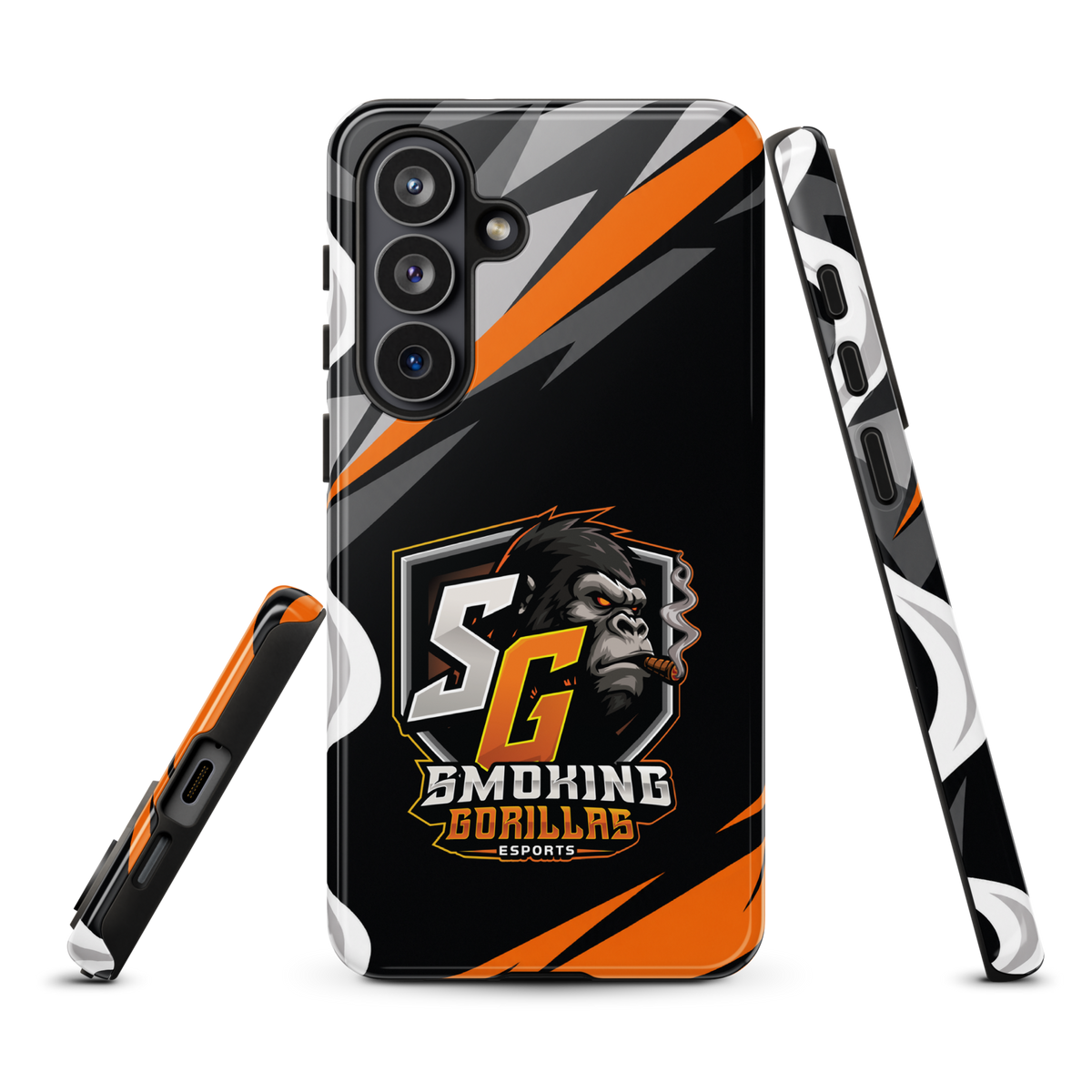 SMOKING GORILLAS Hardcase Handyhülle für Samsung Galaxy S26 Plus – Produktansicht, schwarz-oranges Teamdesign