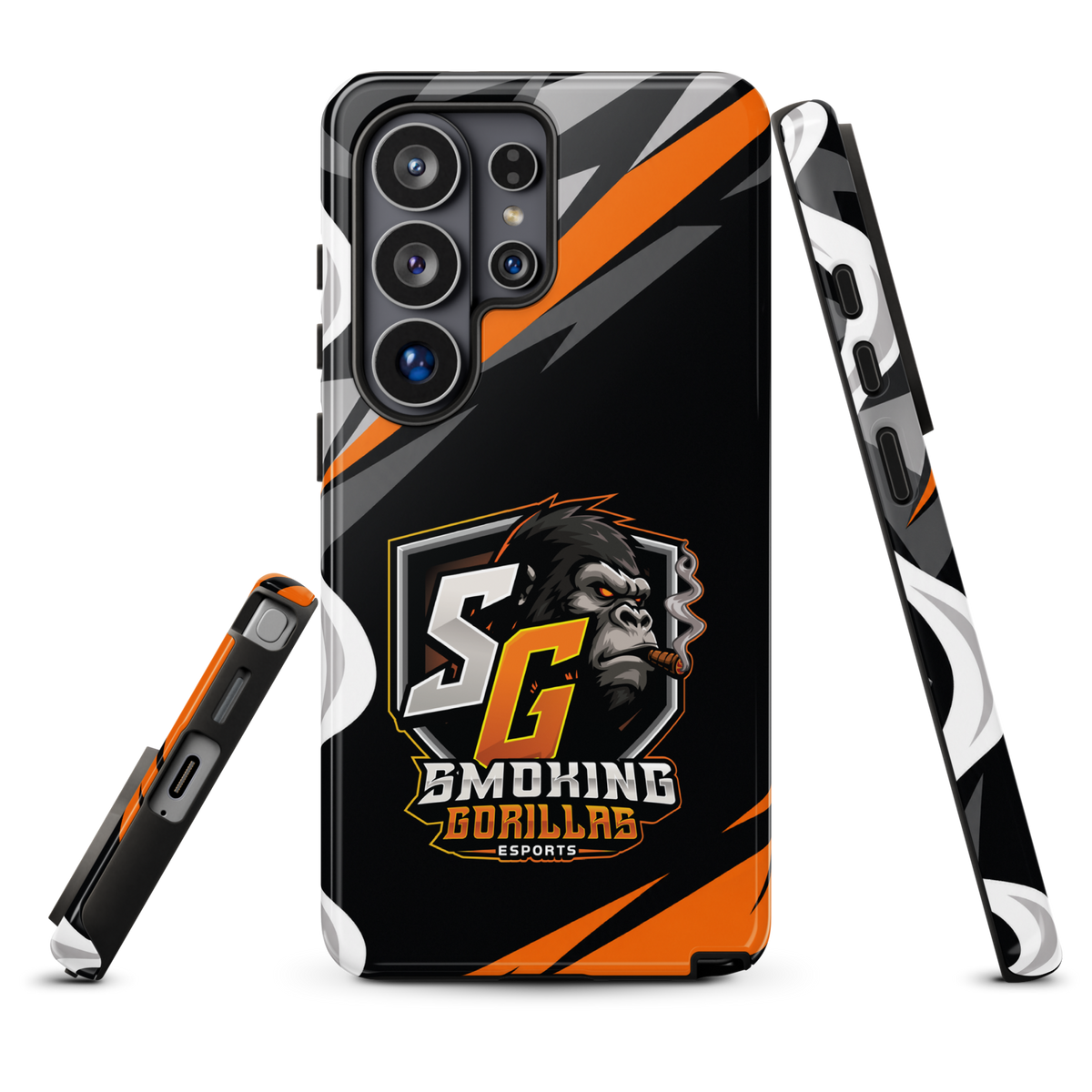 SMOKING GORILLAS Hardcase Handyhülle für Samsung Galaxy S26 Ultra – Produktansicht, schwarz-oranges Teamdesign