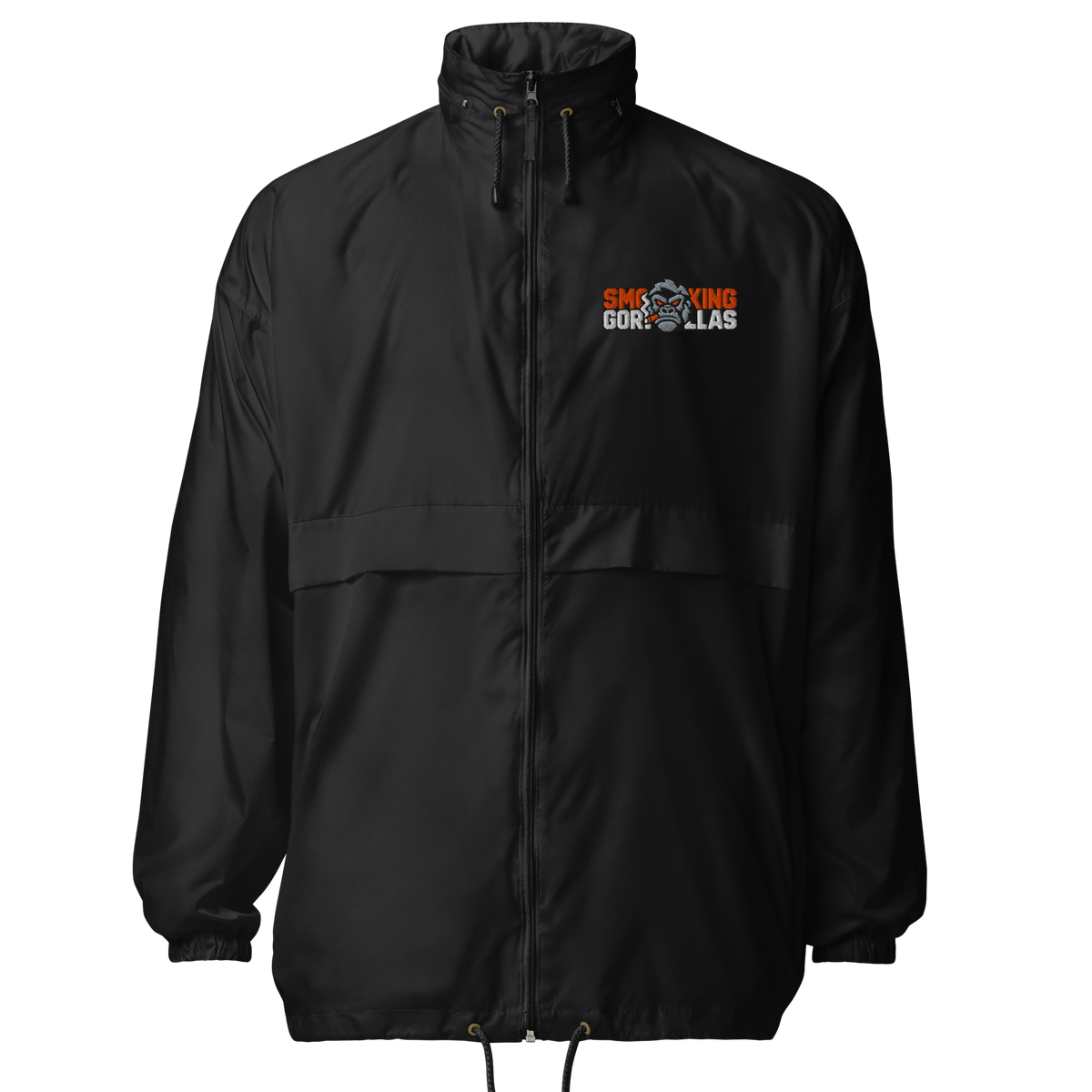 SMOKING GORILLAS - Sticklogo Windbreaker in Schwarz – Vorderansicht mit gesticktem Teamlogo