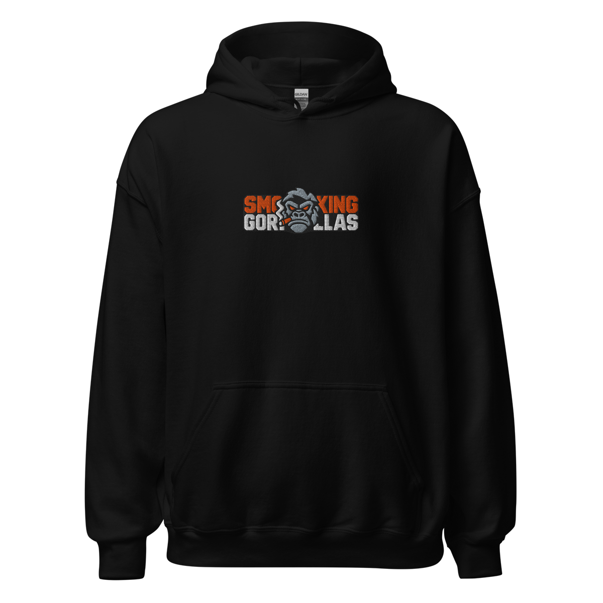 SMOKING GORILLAS - Sticklogo Hoodie in Schwarz – Vorderansicht mit gesticktem Teamlogo