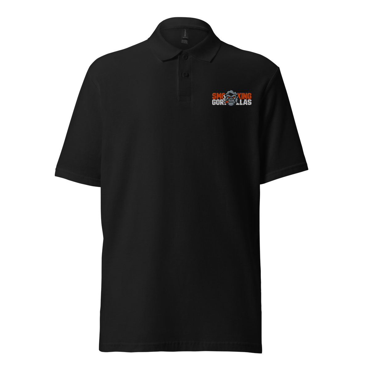 SMOKING GORILLAS - Sticklogo Poloshirt in Schwarz – Vorderansicht mit gesticktem Teamlogo